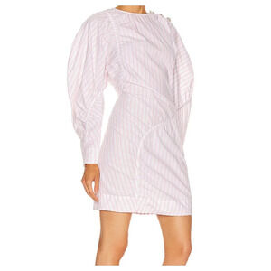 Ganni Stripe Long Puff Sleeve Cotton Mini Dress Cherry Blossom size 38/M/6